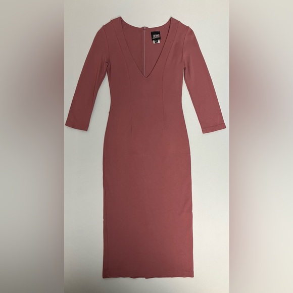 Retrolicious Dusty Rose Stretch Knit Sleeved V Neck Midi Pencil Dress XS - Picture 5 of 10